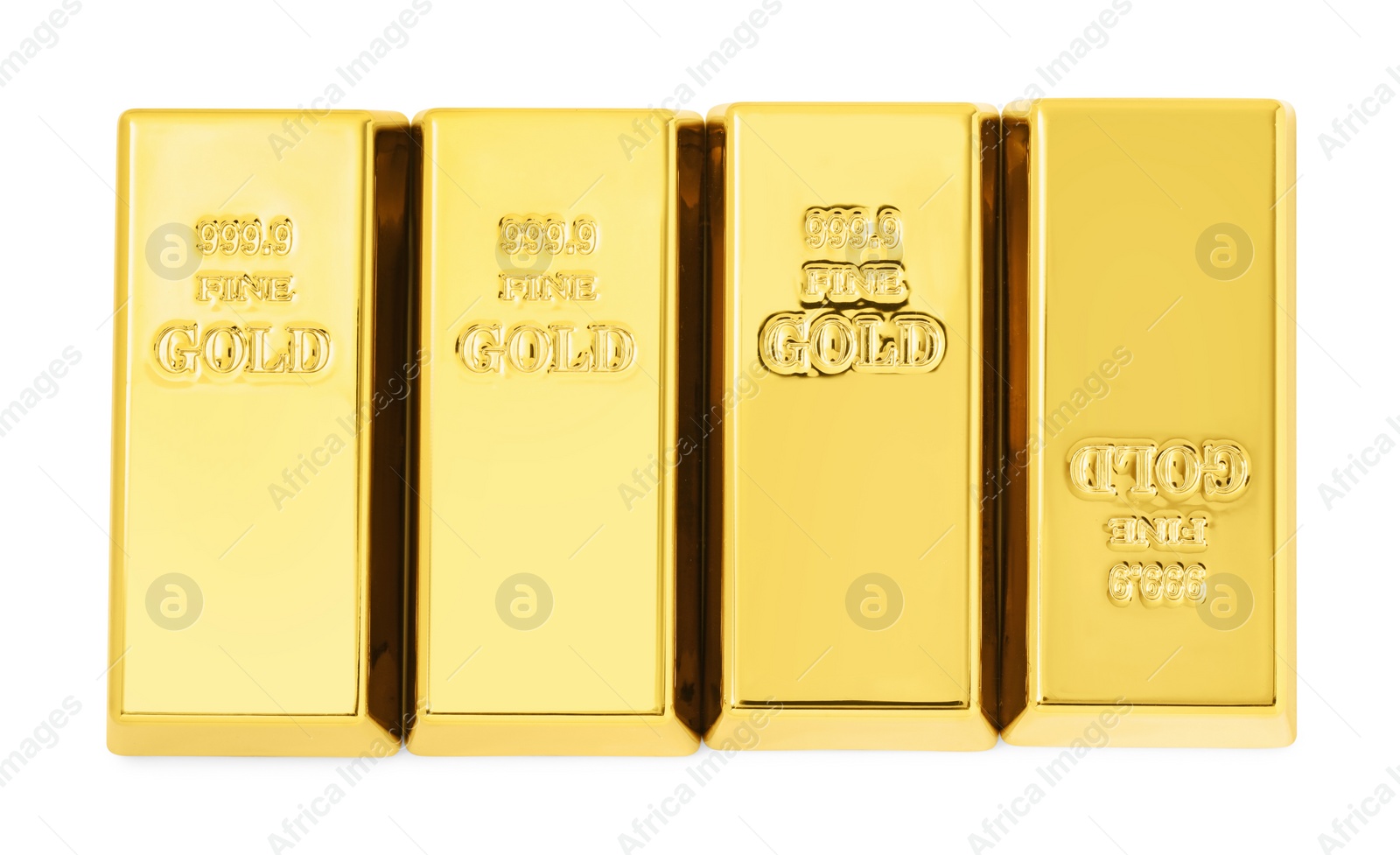 Photo of Shiny gold bars isolated on white, top view