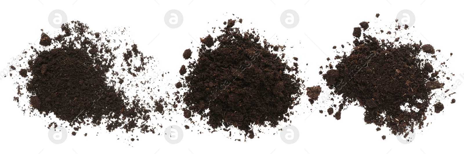 Image of Set with piles of fertile soil on white background, top view. Banner design