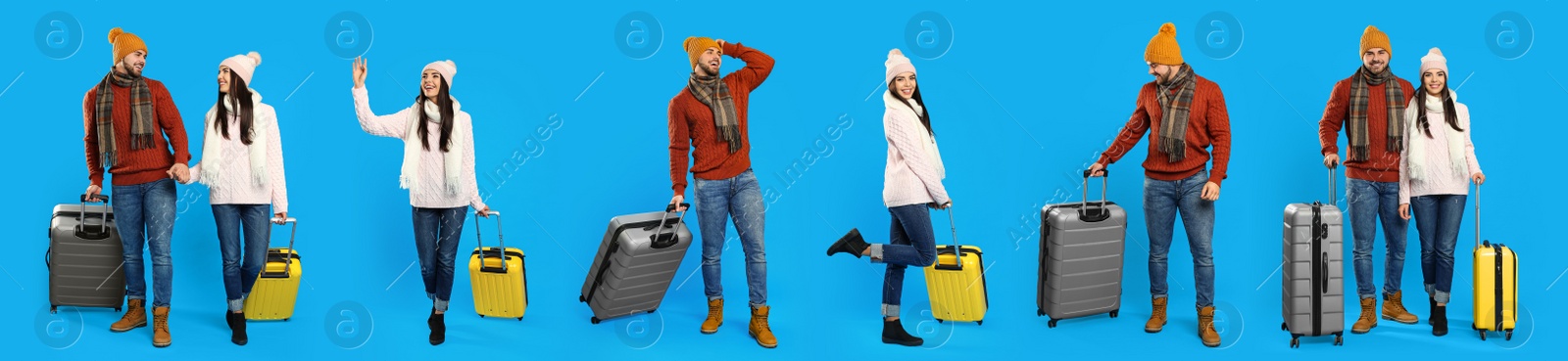 Image of Collage with photos of people wearing warm clothes on blue background, banner design. Winter vacation