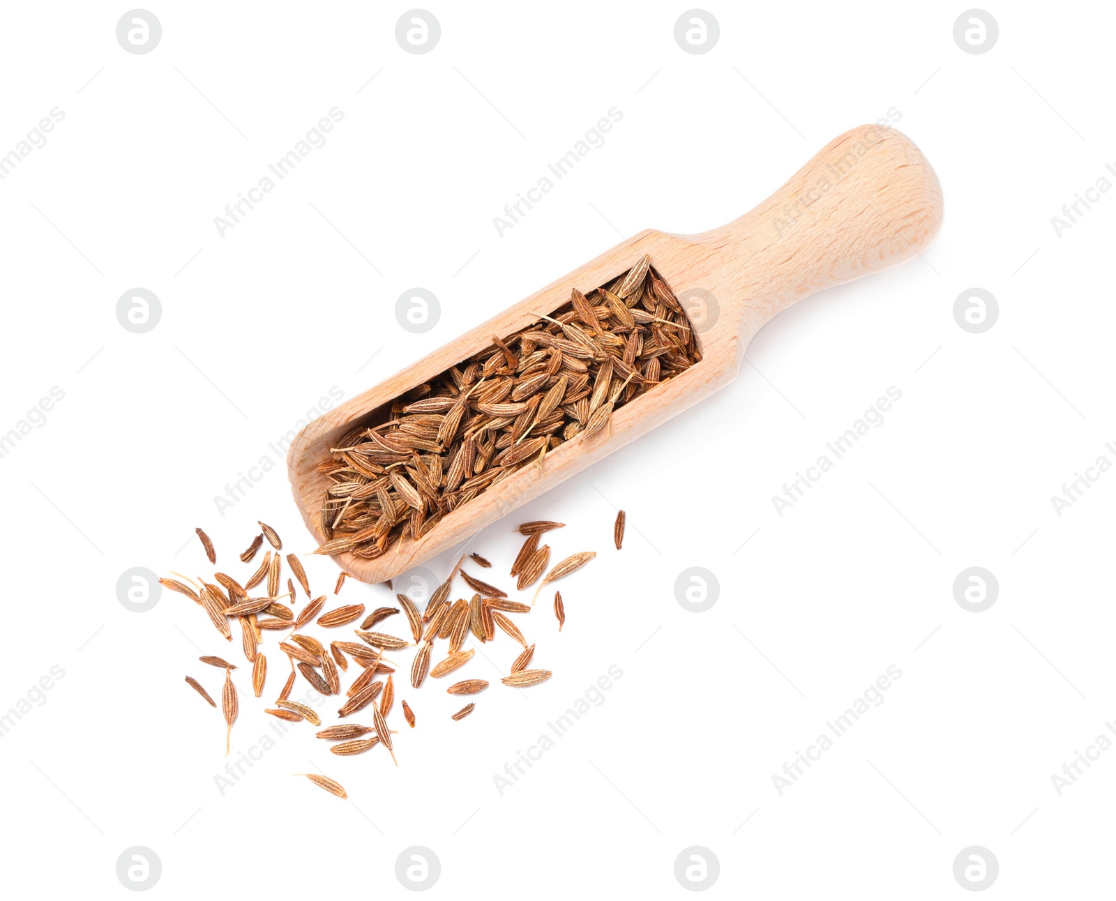 Photo of Scoop of aromatic caraway (Persian cumin) seeds isolated on white, top view