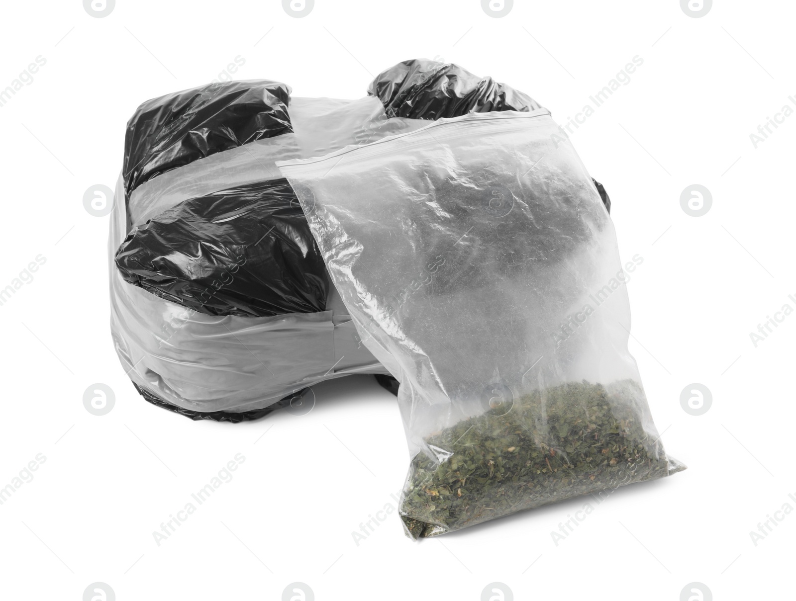 Photo of Packages with narcotics isolated on white. Drug addiction