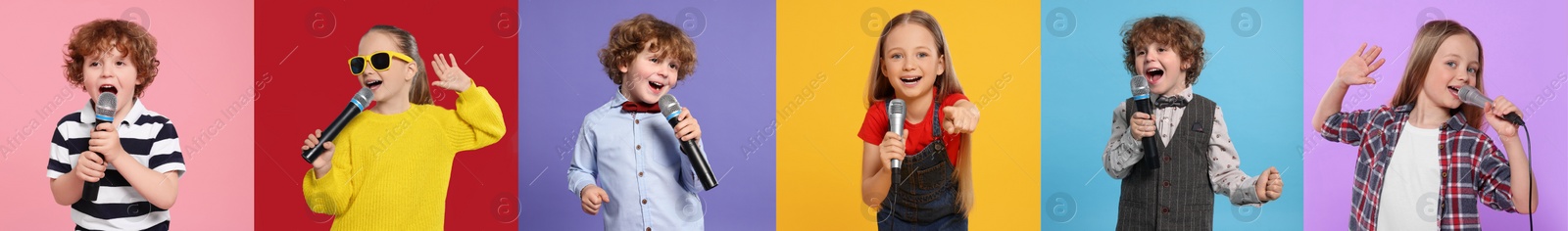 Image of Children singing on different color backgrounds, collection of photos