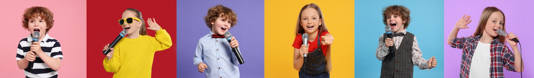 Children singing on different color backgrounds, collection of photos