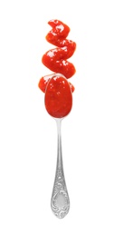 Photo of Delicious tomato sauce and spoon on white background, top view