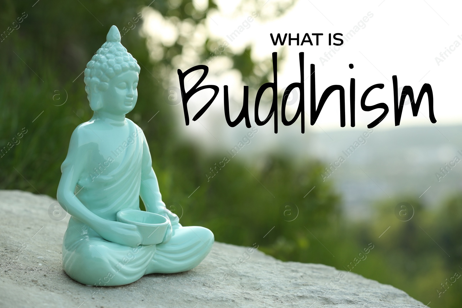 Image of Decorative Buddha statue on stone outdoors and text What Is Buddhism
