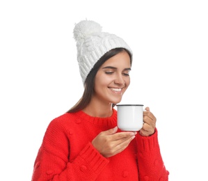 Photo of Happy beautiful woman with mug of mulled wine on white background