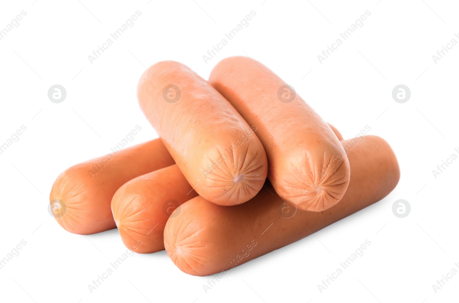 Photo of Tasty sausages on white background. Meat product