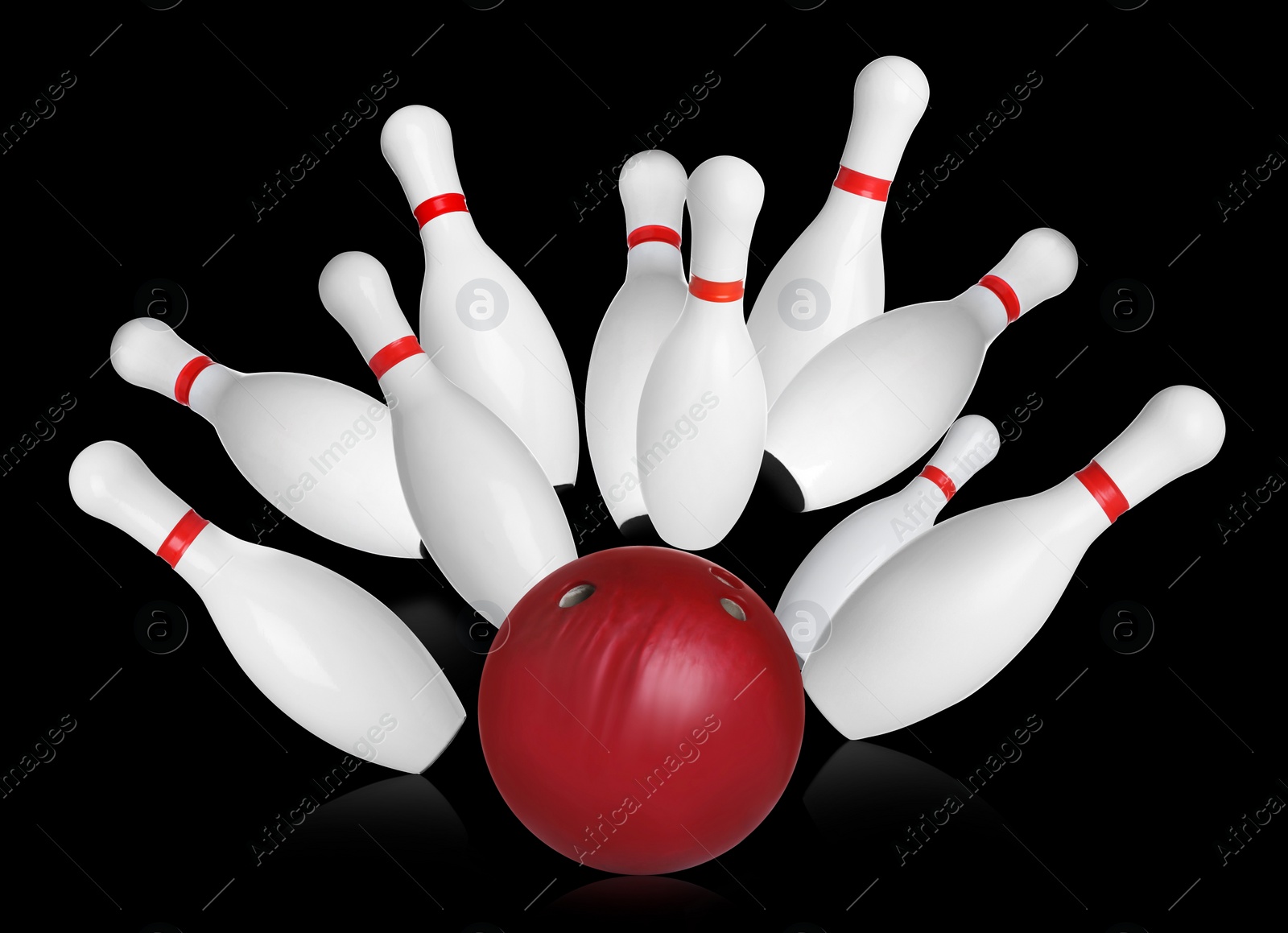 Image of Bowling pins and ball on black background