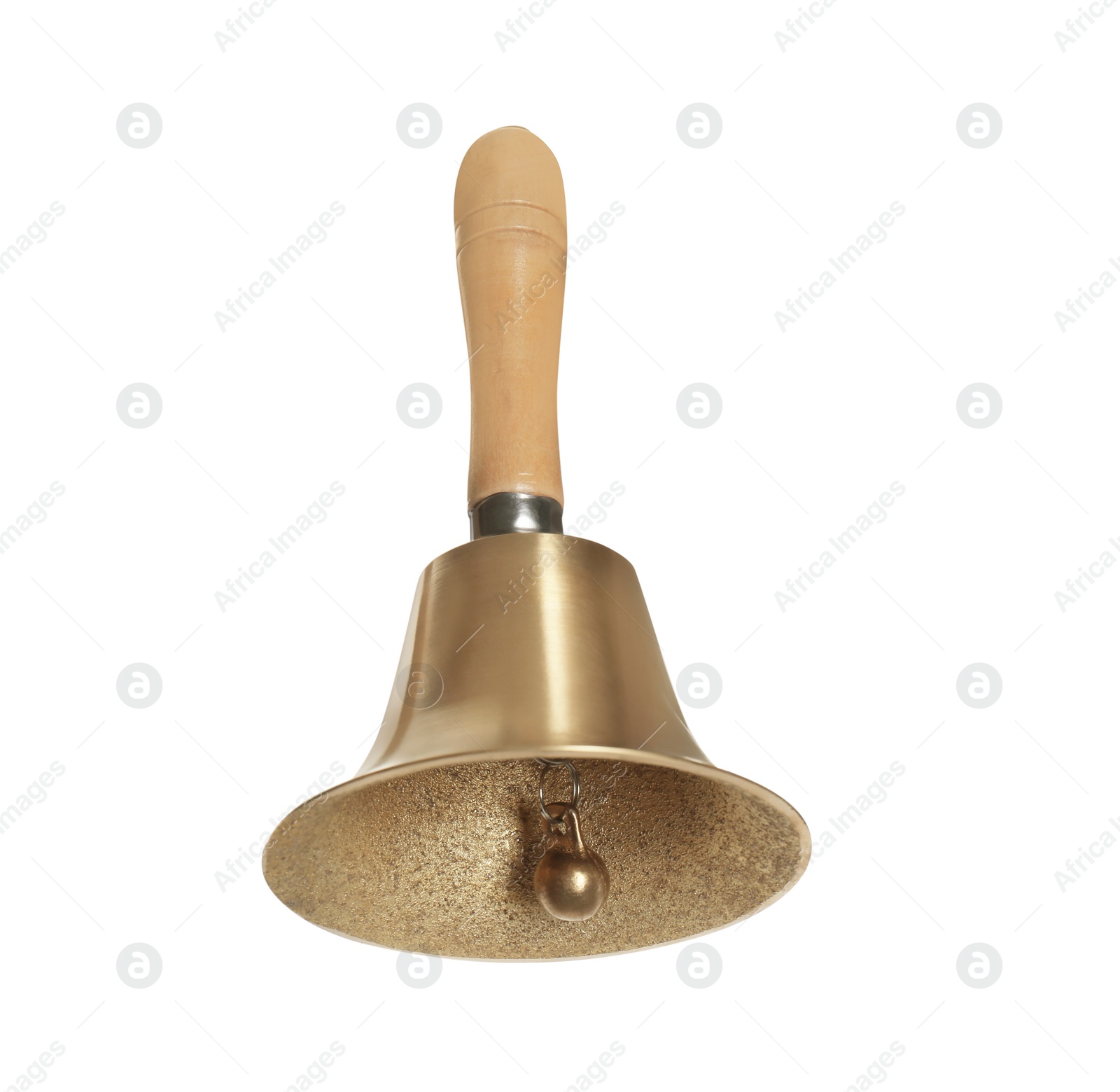 Photo of Golden school bell with wooden handle isolated on white