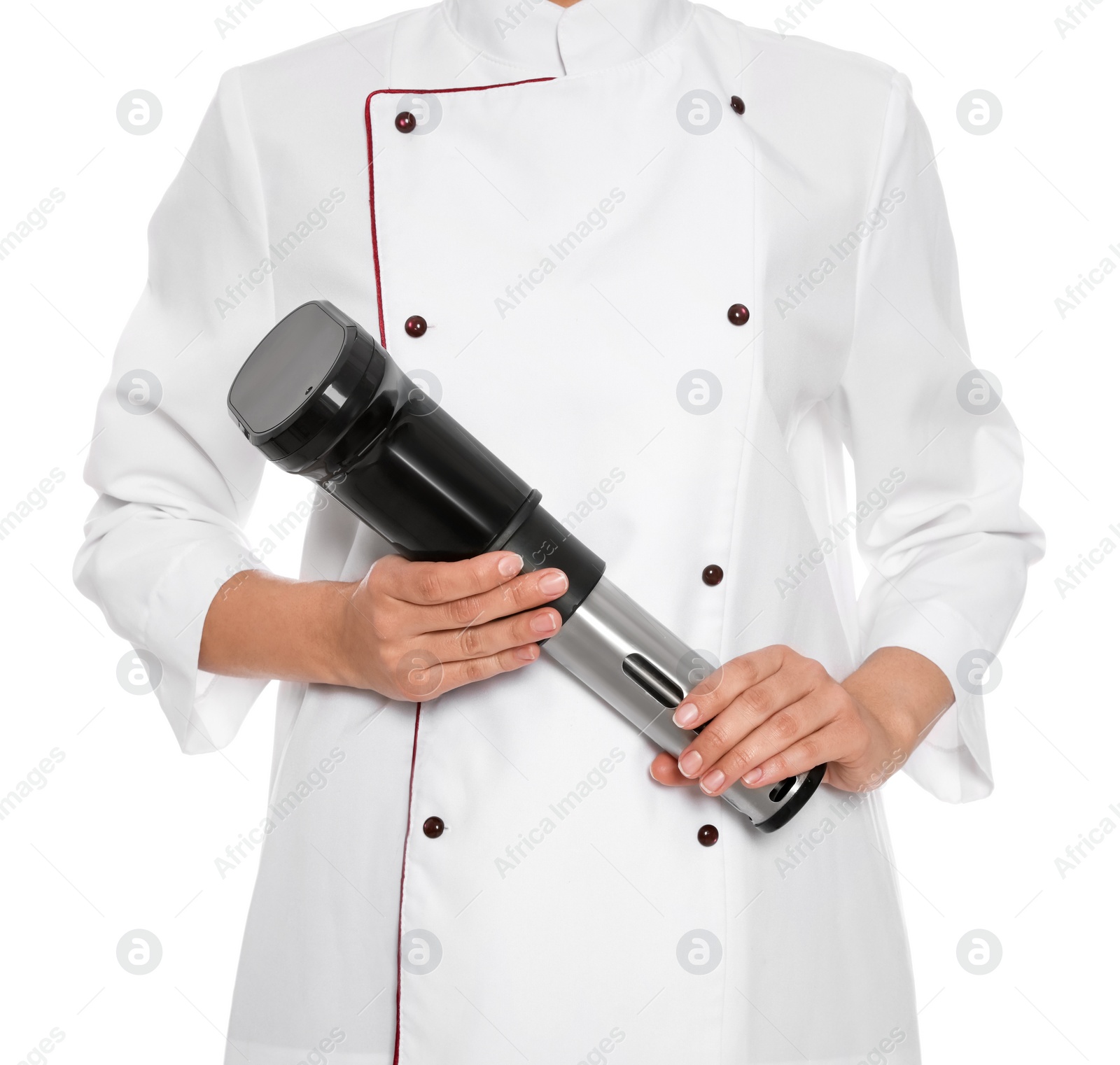 Photo of Chef holding sous vide cooker on white background, closeup