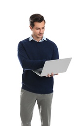 Photo of Young male teacher with laptop on white background