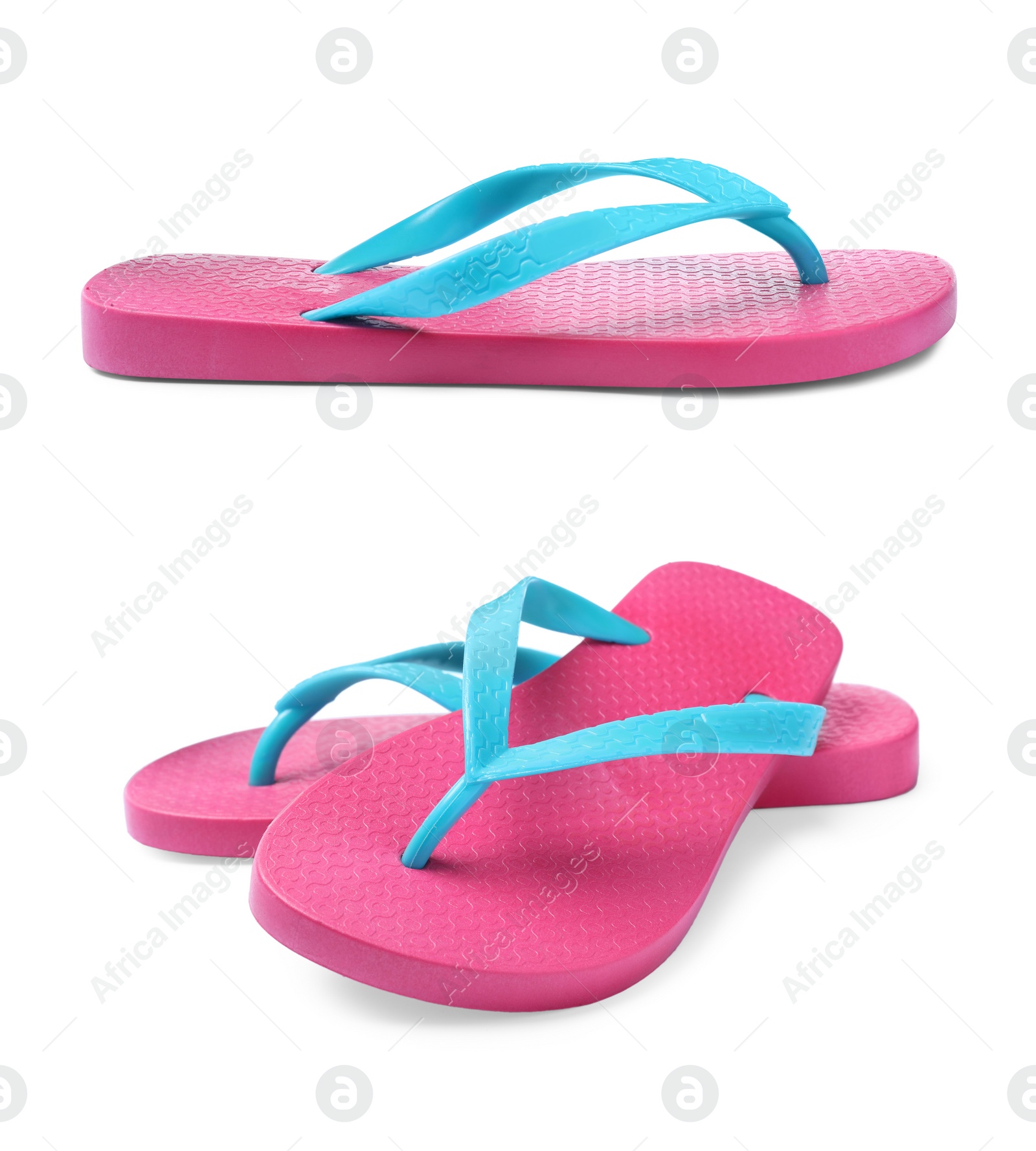 Image of Pink flip flops on white background, collage