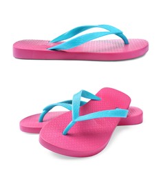 Pink flip flops on white background, collage