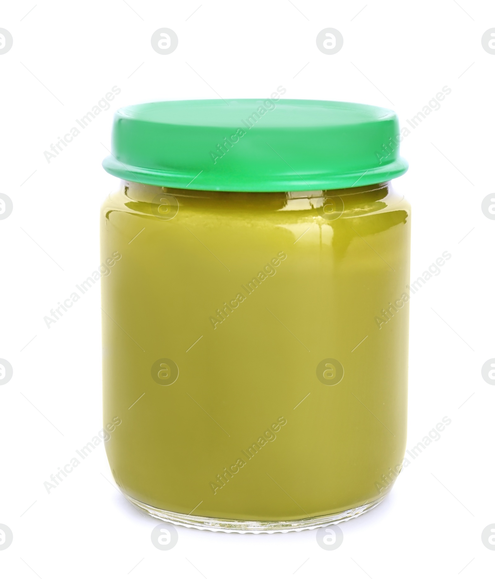 Photo of Jar with healthy baby food on white background