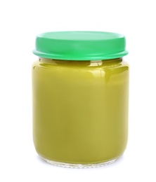 Jar with healthy baby food on white background