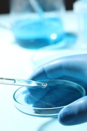 Doctor dripping liquid from pipette into petri dish in laboratory, closeup