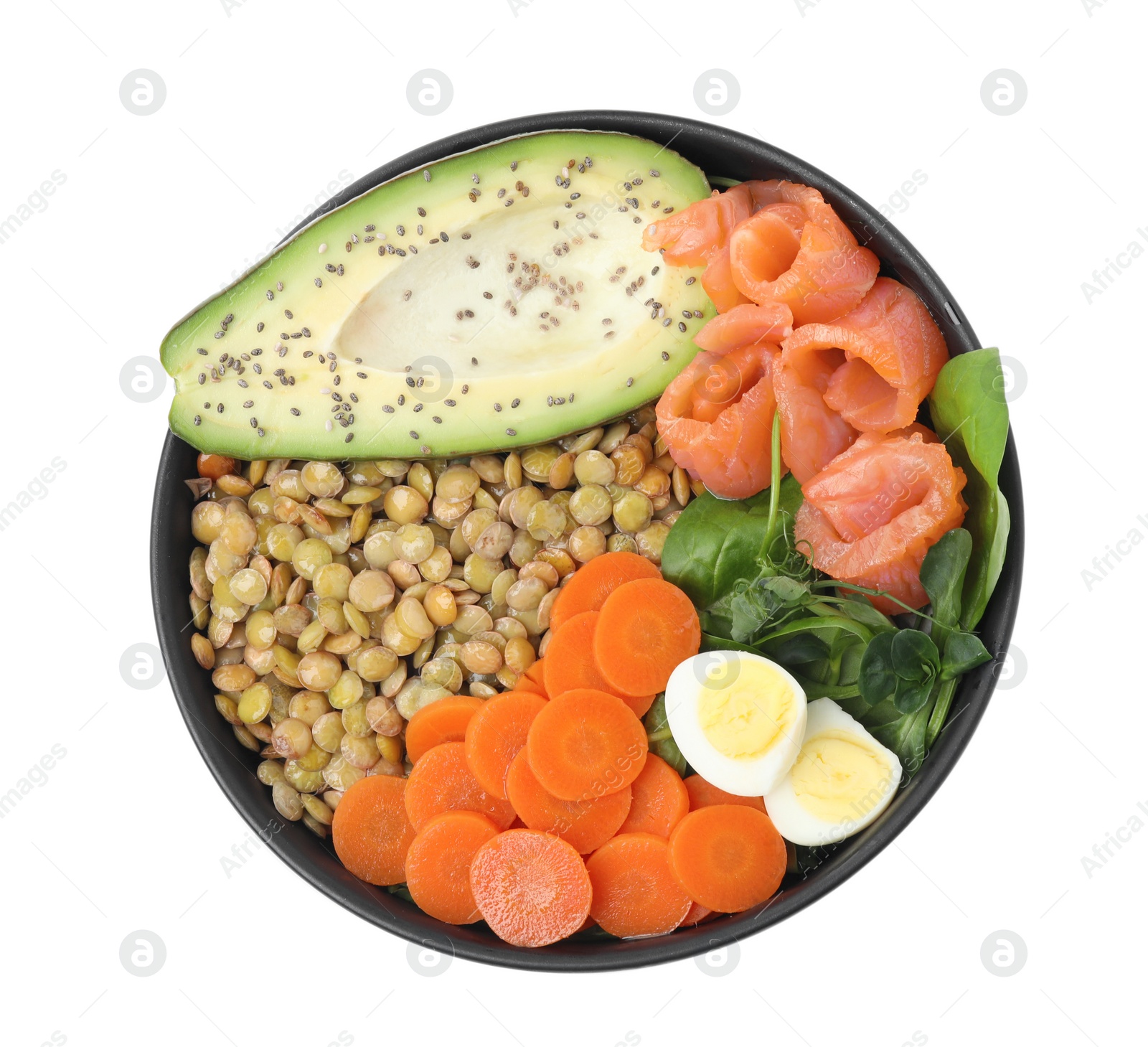 Photo of Delicious lentil bowl with carrot, avocado, egg and salmon on white background, top view