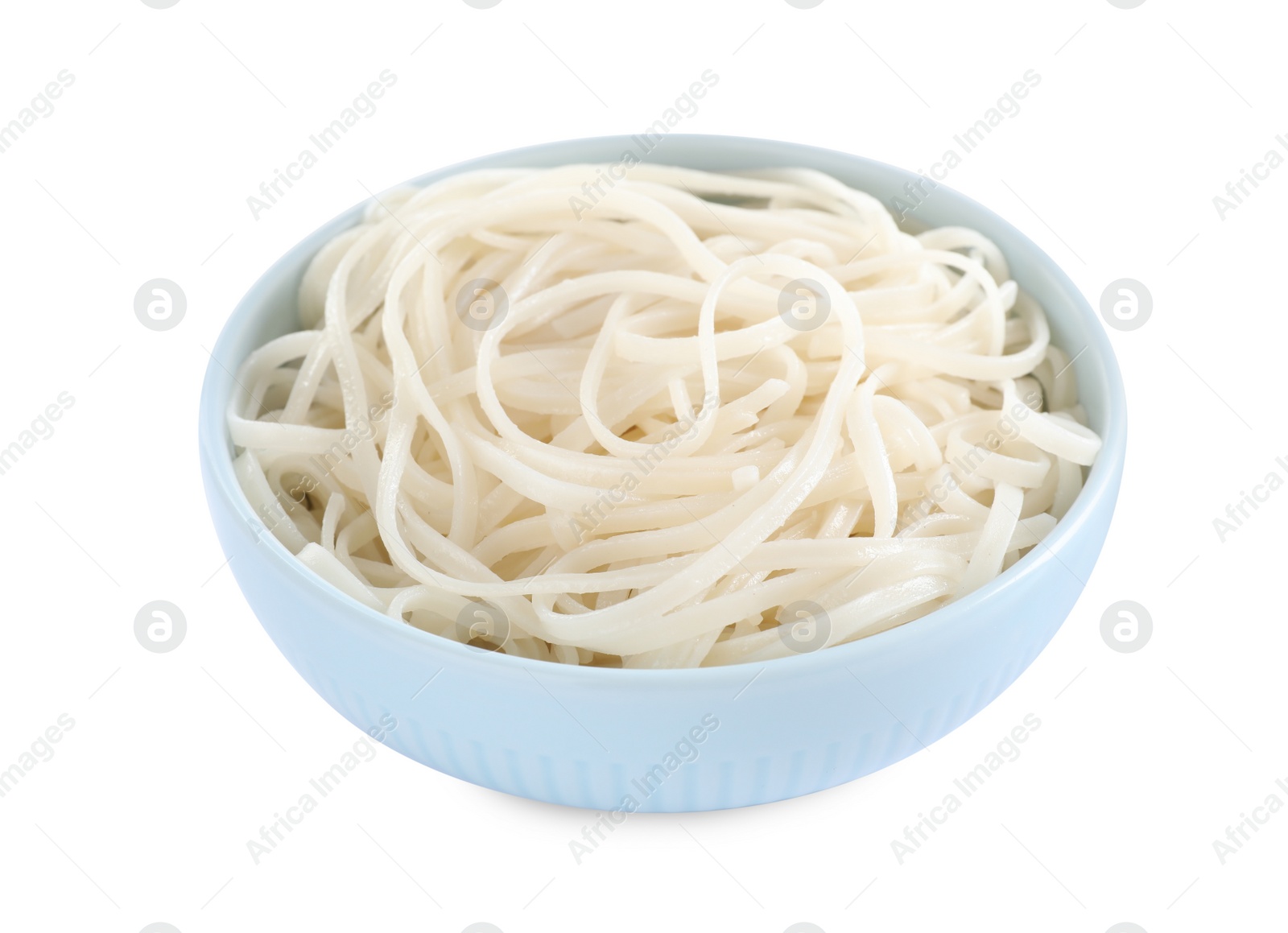 Photo of Bowl of tasty cooked rice noodles isolated on white