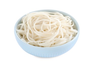 Photo of Bowl of tasty cooked rice noodles isolated on white