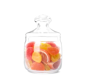 Photo of Delicious candies in glass jar isolated on white