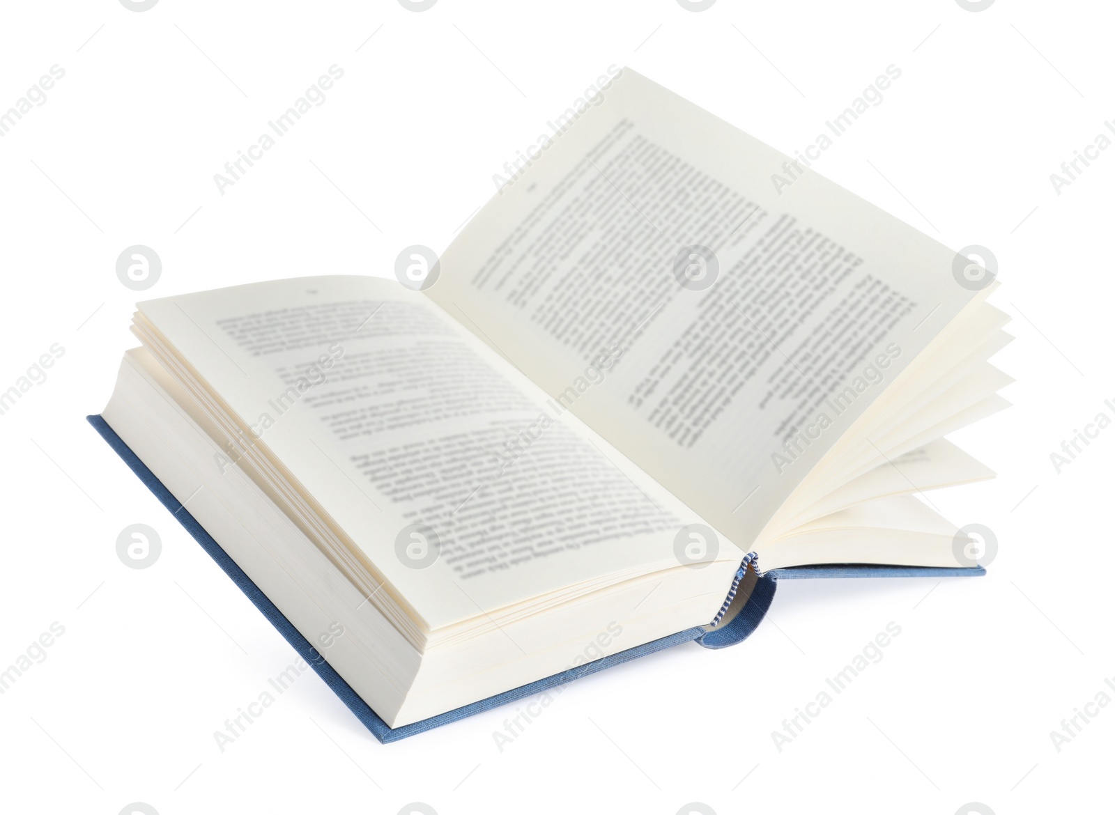 Photo of Open blue hardcover book isolated on white