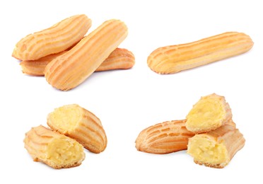 Image of Collage with tasty eclairs on white background