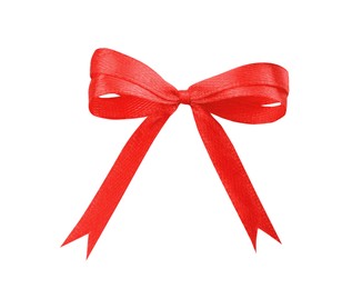 Photo of Beautiful red ribbon tied in bow isolated on white, top view