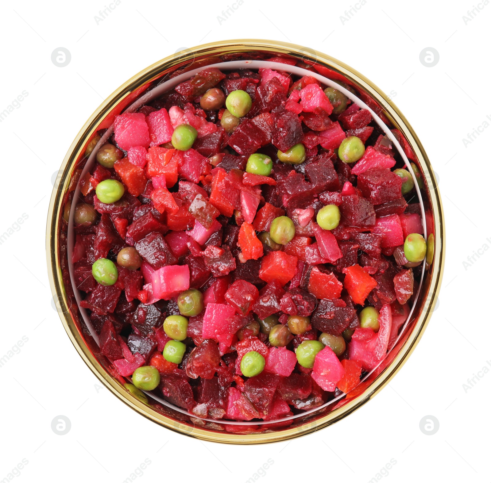 Photo of Delicious vinaigrette salad isolated on white, top view