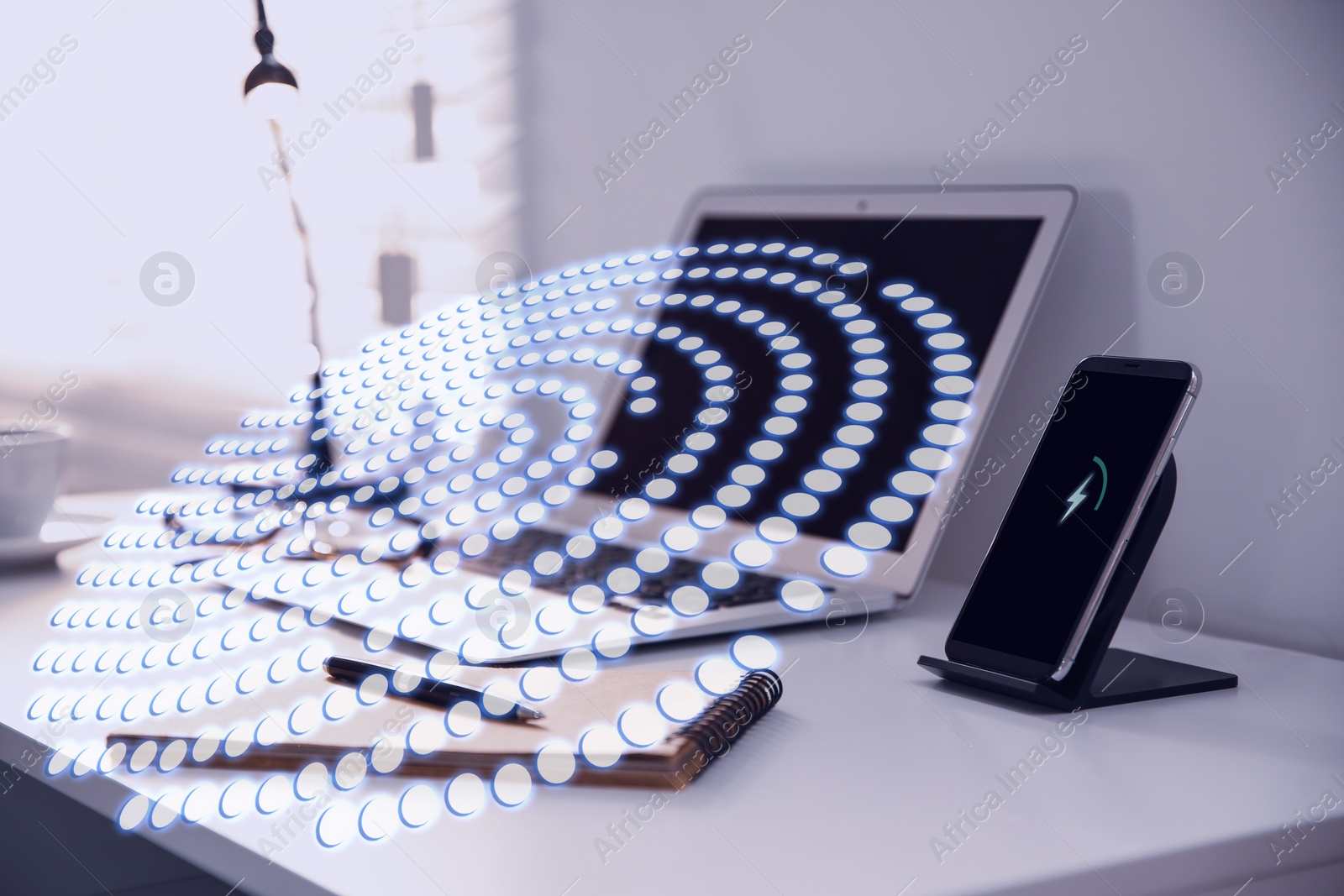 Image of Fingerprint identification. Modern laptop and smartphone on table indoors