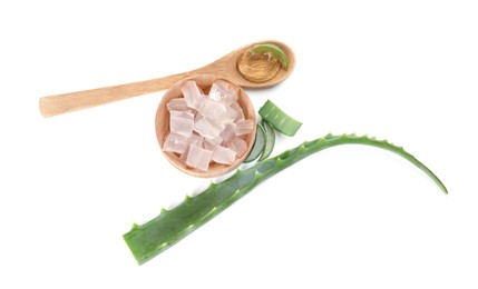 Photo of Natural gel and pieces of aloe vera leaves isolated on white, top view