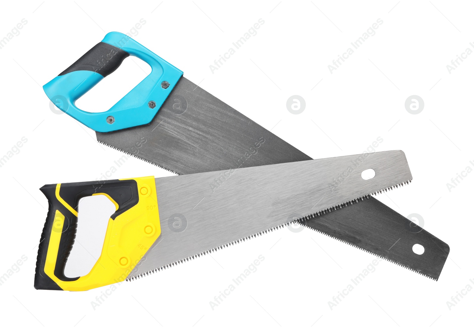 Photo of Saws with colorful handles isolated on white