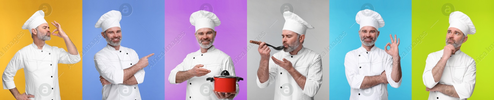 Image of Collage with photos of professional chef on different color backgrounds