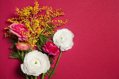 Photo of Beautiful ranunculus and mimosa flowers on color background