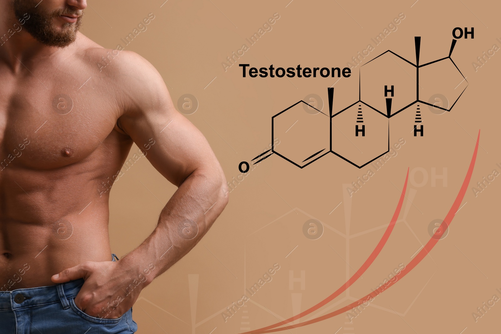 Image of Muscular man and structural formula of testosterone on beige background, closeup