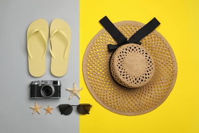 Flat lay composition with beach objects on color background