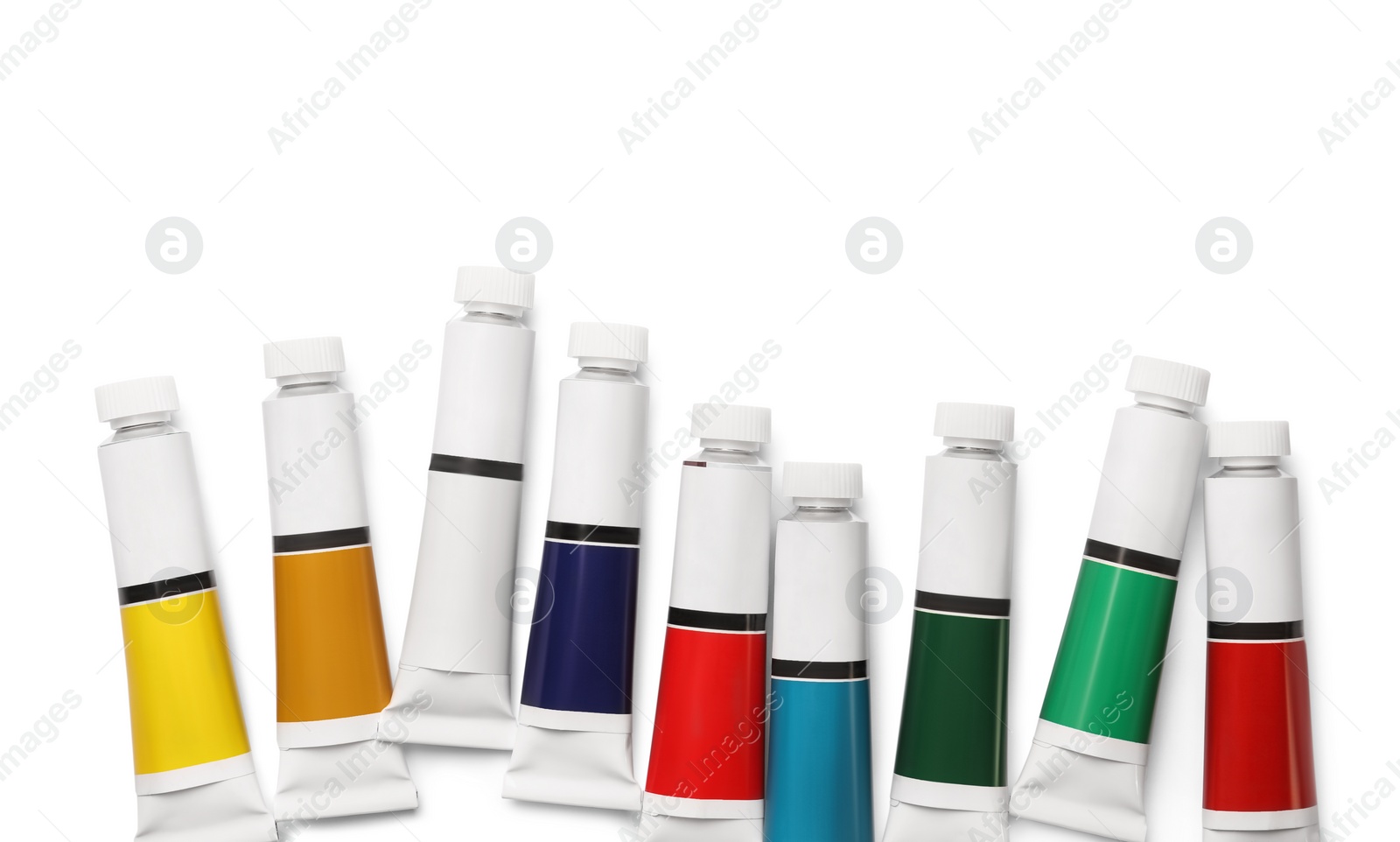 Photo of Tubes with oil paints on white background, top view