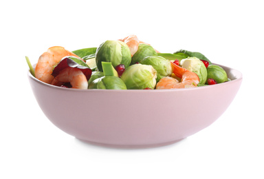 Photo of Tasty salad with Brussels sprouts in bowl isolated on white