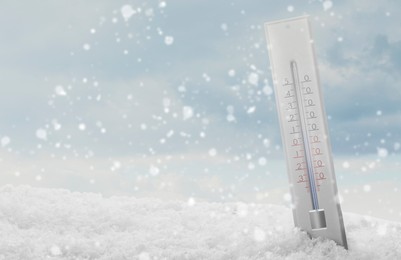 Image of Thermometer in snow showing temperature below zero outdoors on winter day