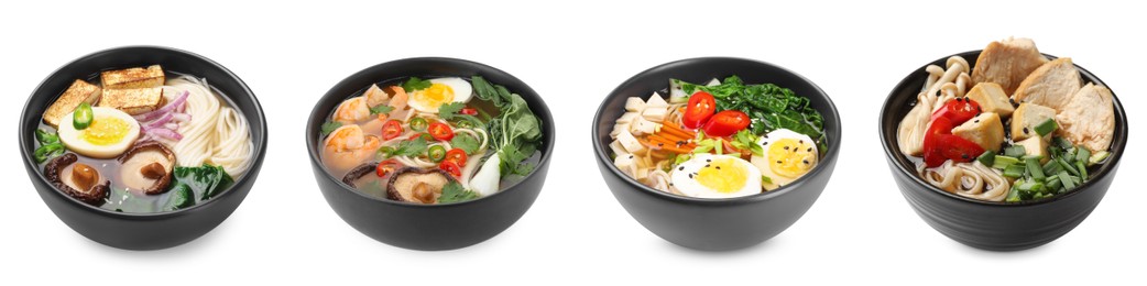 Image of Bowls of delicious ramen with different ingredients isolated on white, set. Noodle soup