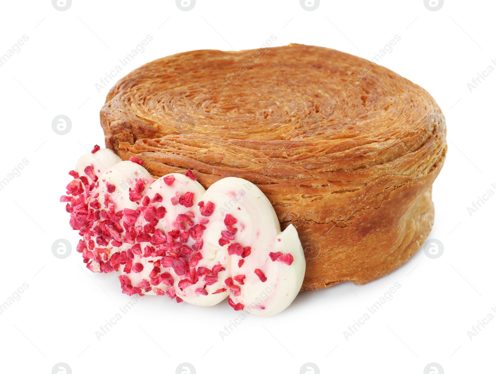 Photo of Round croissant with cream isolated on white. Tasty puff pastry