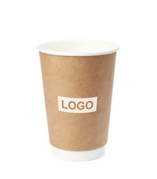 Takeaway paper coffee cup with logo on white background