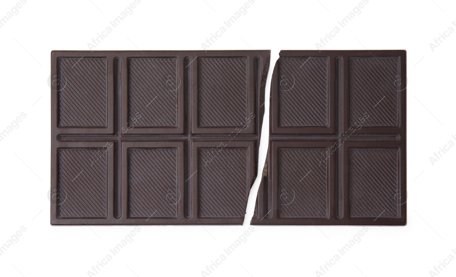 Photo of Broken dark chocolate bar on white background, top view