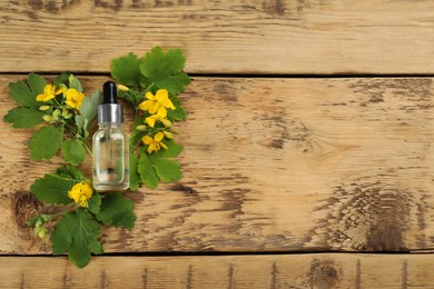 Bottle of essential oil and celandine on wooden background, flat lay. Space for text