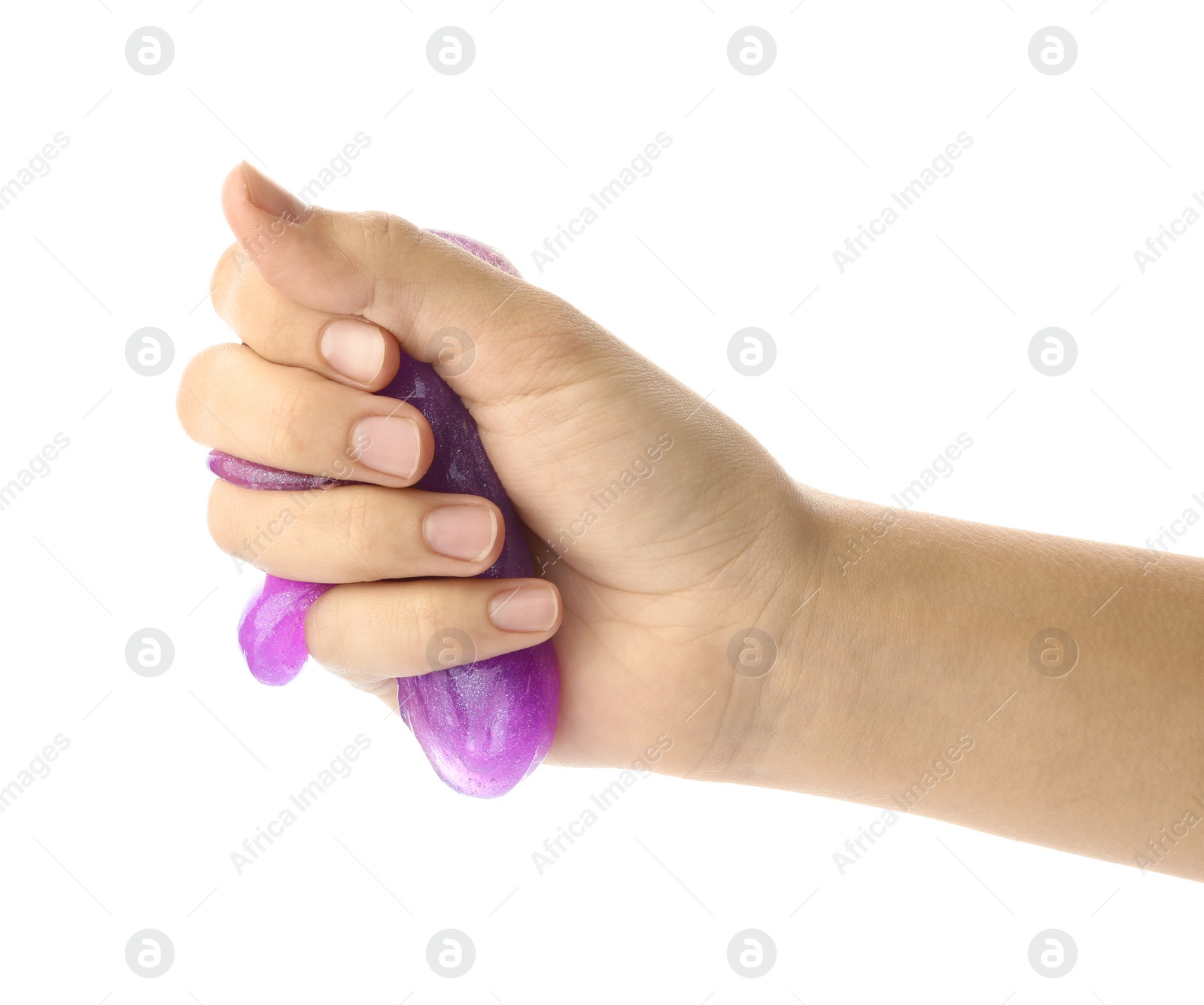 Photo of Woman playing with purple slime isolated on white, closeup. Antistress toy