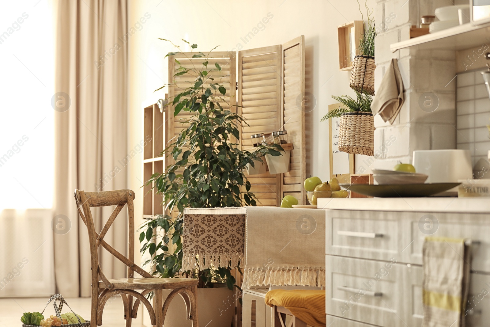 Photo of Modern kitchen interior with wooden crates as eco furniture