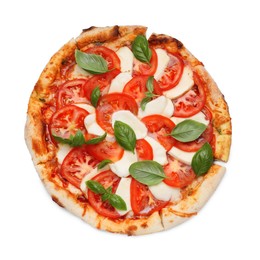 Photo of Delicious Caprese pizza with tomatoes, mozzarella and basil isolated on white, top view