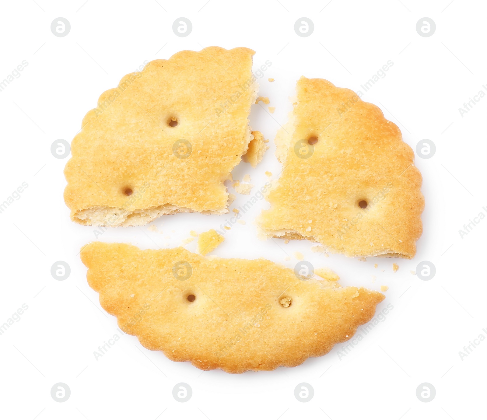 Photo of Crispy broken cracker isolated on white, top view