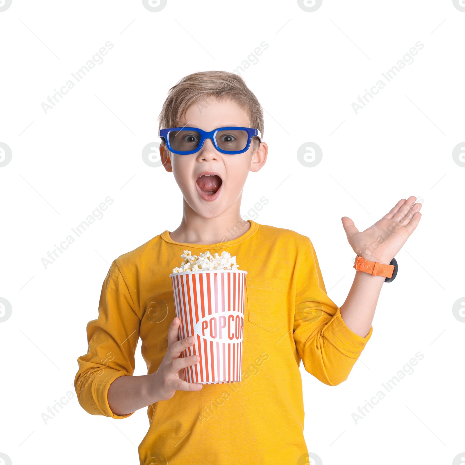 Photo of Cute boy in 3D glasses with popcorn bucket isolated on white