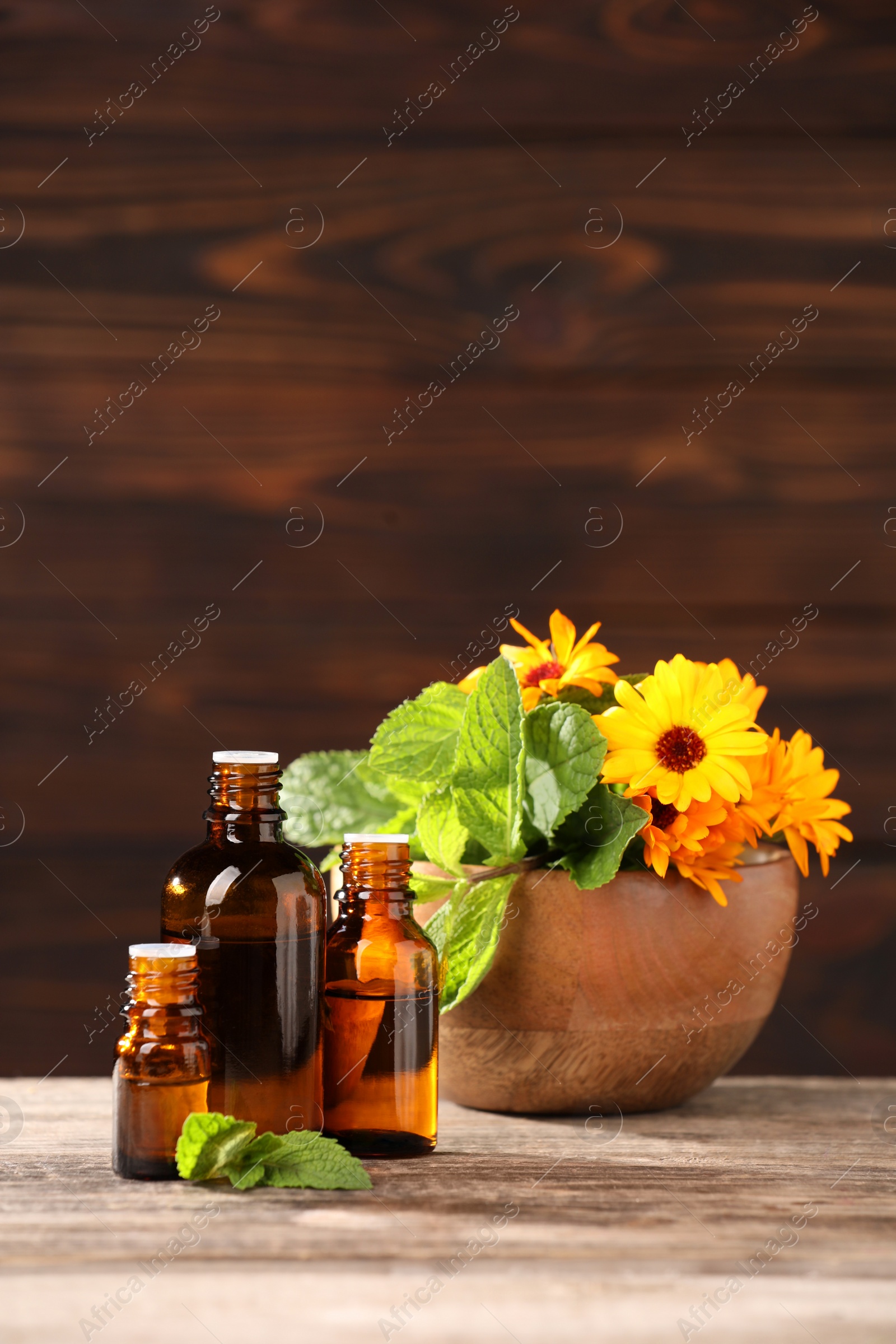 Photo of Bottles with essential oils, mint and flowers on wooden table. Space for text