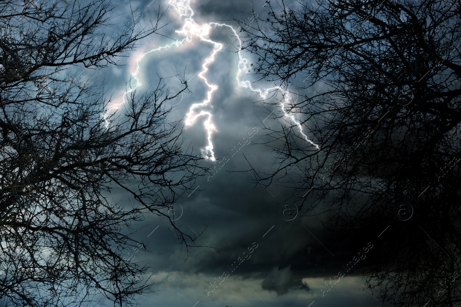 Image of Dark cloudy sky with lightning striking trees. Thunderstorm